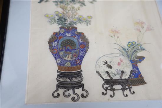 A Chinese painting on silk of antiques and flowers, c.1900,